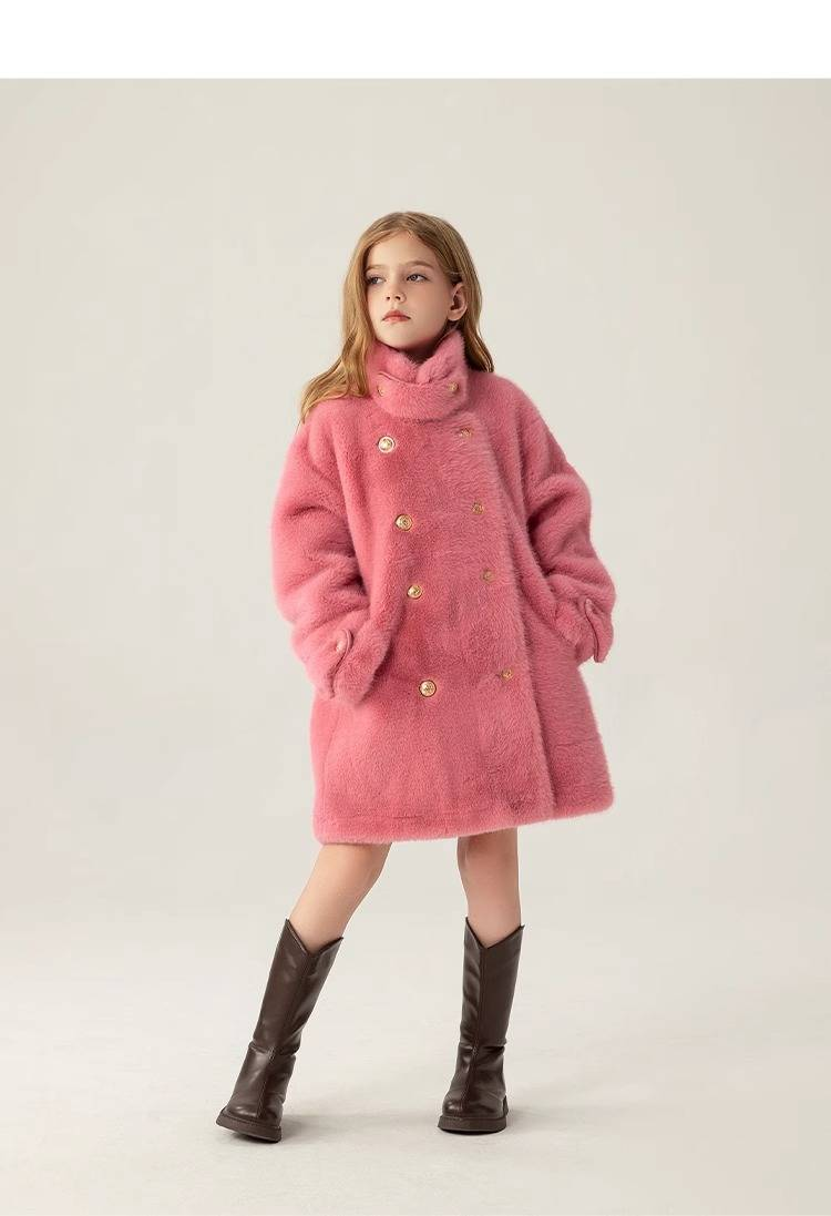 Cappotto invernale per bambine Mother & Kids, foderato in pelliccia sintetica con imbottitura in cotone, collo alto, chiusura con un bottone, caldo capospalla per bambine (120-160 cm)_voghion.com