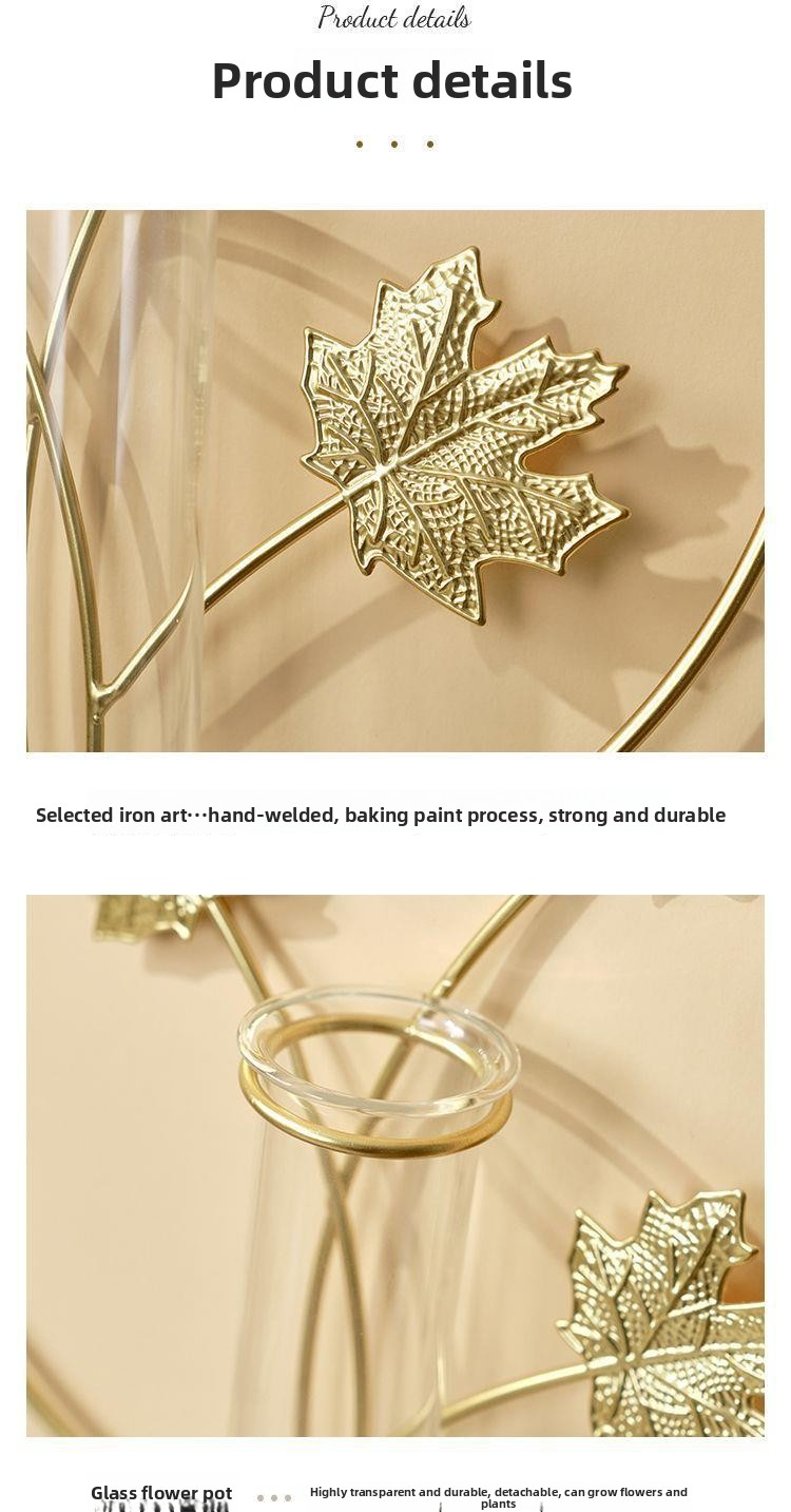 Goldenes Ginkgoblatt-Wanddekor mit Glasröhren – Moderner skandinavischer Hängepflanzer für das Wohnzimmer – Eisenwandkunst mit Reagenzgläsern_voghion.com