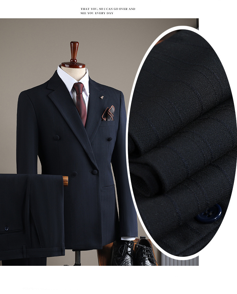 Herenkleding Premium Double-Breasted gestreepte pakset - Formeel en casual bruiloft smoking, zakelijke blazer met vest opties (bruin, marineblauw, zwart)_voghion.com