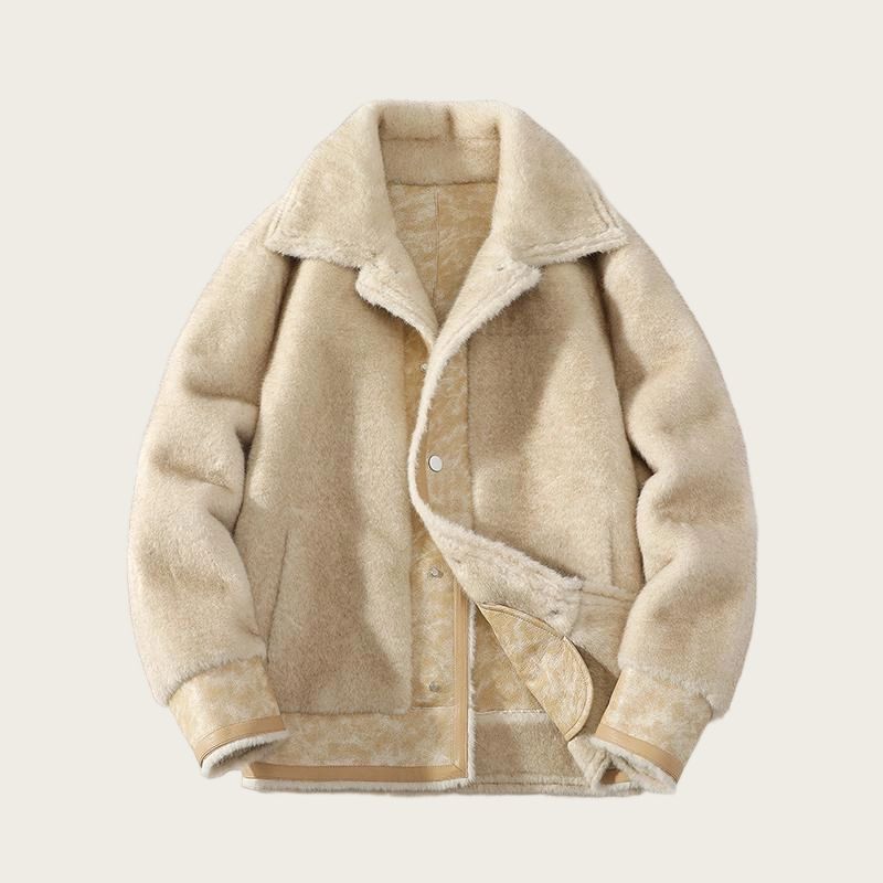 Men's Patchwork Faux Shearling Jacket, Oversized Single-Breasted Winter Coat With Notch Lapel, Windproof Polyester Blend Casual Outerwear_voghion.com