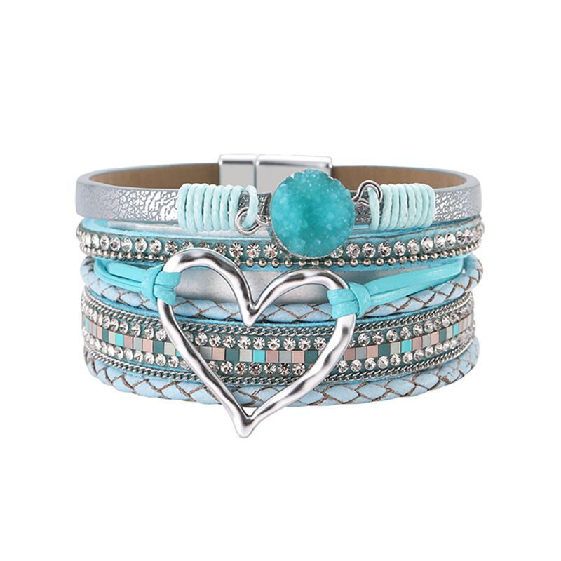 Set di bracciali a strati bohémien - Bracciale rigido regolabile a cuore aperto e catena con perline_voghion.com