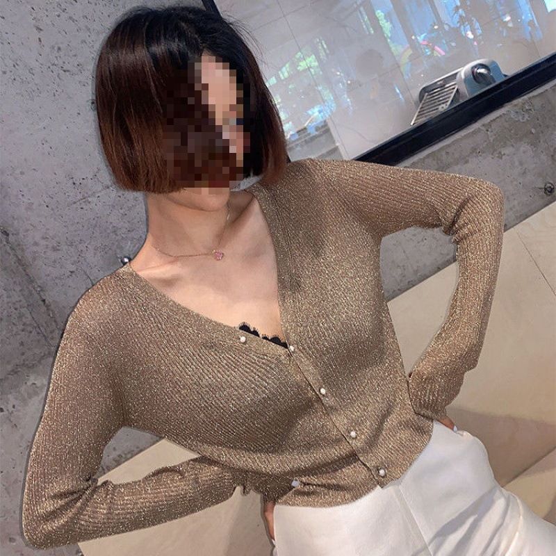 Glitter Yarn Dream Weave Ribbed Knit Pearl Button Cardigan_voghion.com