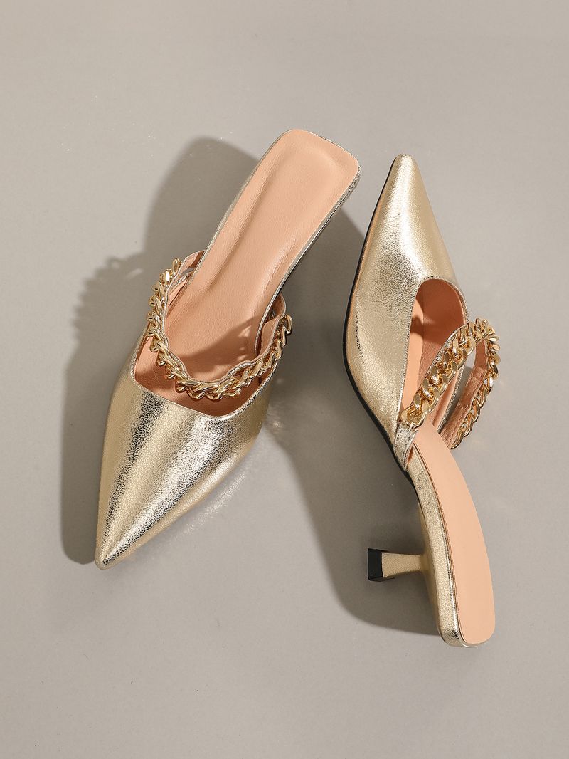 Zapatos de mujer con cadena de metal y tacones altos, puntiagudos, cómodos y con temperamento, sandalias de tacón de aguja, zapatos dorados._voghion.com