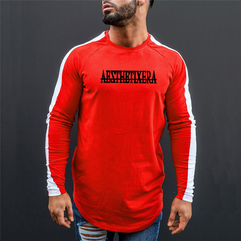 Herren-Fitness-Sport-Langarm-T-Shirt, langes, schmal geschnittenes, farblich passendes Mode-T-Shirt_voghion.com