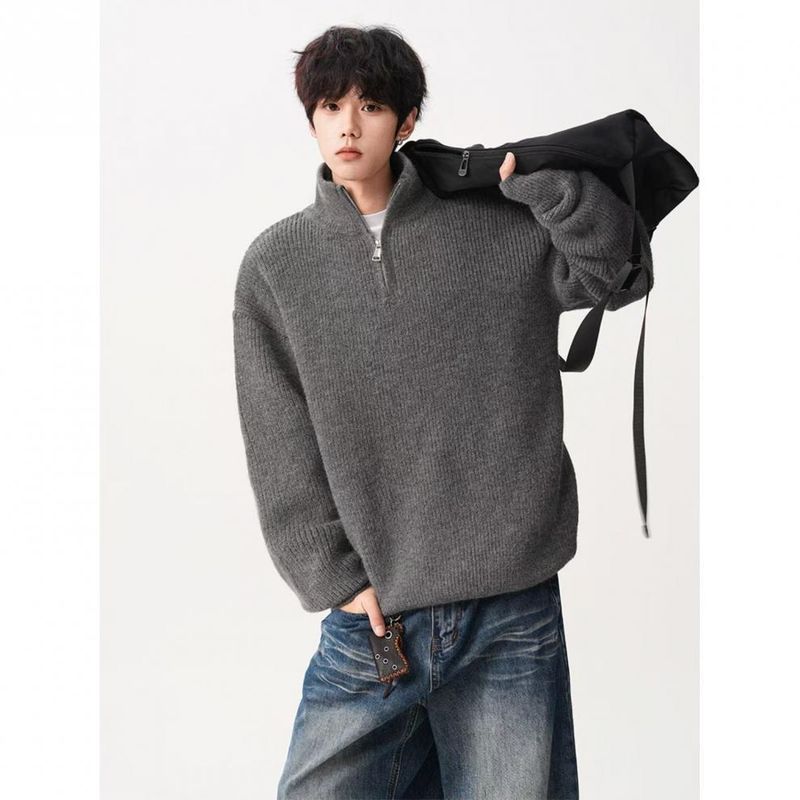 Half Zip Stand Up Collar Sweater For Men, Loose And Simple Knit Sweater, Solid Color Pullover_voghion.com