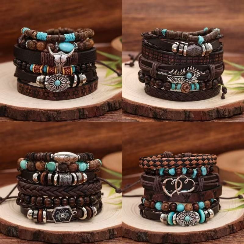 Mehrschichtiges, handgewebtes Armband mit Retro-Blumen und Pfauenfedern in Herzform aus Holzperlen_voghion.com