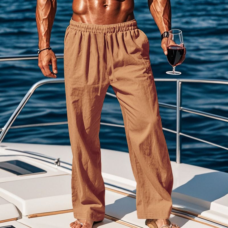 Neue Herrenhose aus Baumwolle und Leinen in Übergröße mit lockerer, einfarbiger, lässiger Schnürhose_voghion.com