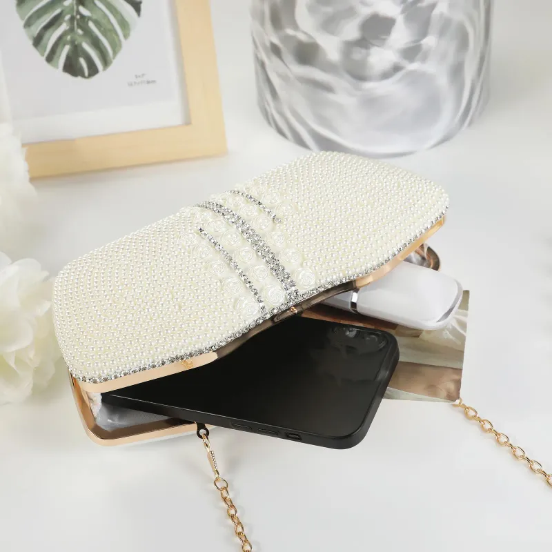 Borsa a mano da donna con pochette in perle lucide, elegante, con catena in metallo, da sera, elegante, fatta a mano, con perline di rosa 250614l_voghion.com