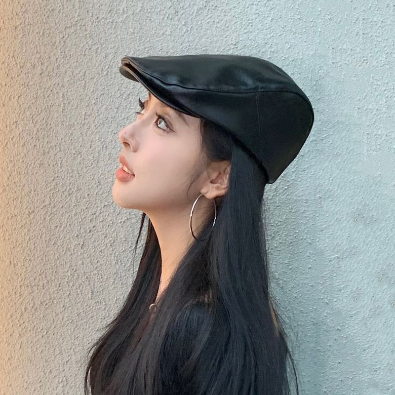 Zwarte baret voor dames 2024 Nieuwe lente- en herfstmodetrend Leren voorwaartse pet Grote hoofdomtrek Gezicht_voghion.com