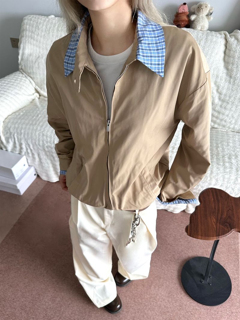Men's Clothing Men's Vintage-Inspired Checkered Cleanfit Jacket - Casual Two-Tone Layered Look With Stand Collar & Zip Front (Khaki/Navy)_voghion.com