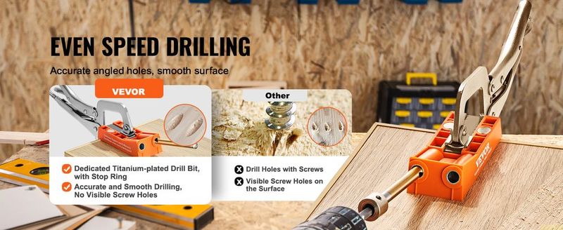 VEVOR Pocket Hole Jig, 56 Pcs Mini Jig Pocket Hole System With 9" C-clamp, Step Drill, Wrench, Square Drive Bit, Drill Stop Ring, And Screws, For DIY Carpentry Projects_voghion.com