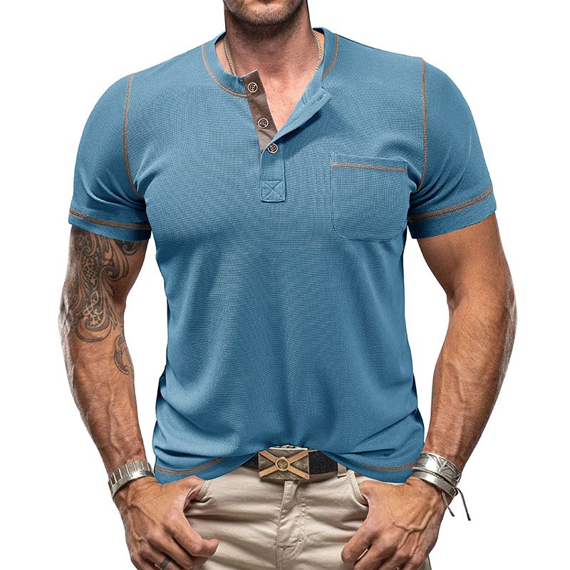 2024 Europäische und amerikanische Herrenbekleidung Rundhalsausschnitt Waffel Henry Kurzarm-T-Shirt Außenhandel Herrenknöpfe Kontrastierende helle Linie Boden_voghion.com