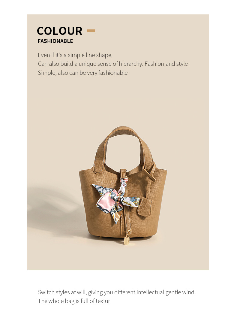 Neue trendige Damentasche, Litschi-Muster, Freizeit, Handheld-Wasser-Eimer-Tasche, einfarbig, Gemüsekorb, Tasche, Seidenschal-Aufhänger, Handheld-Tasche_voghion.com