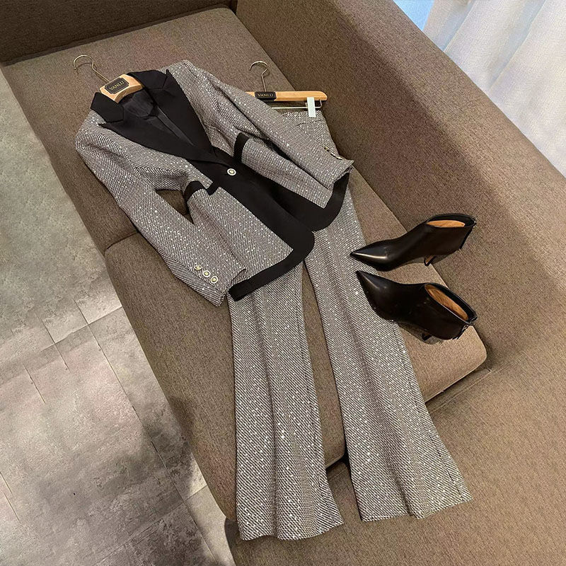 Plus size women's plaid color matching suit suit women's spring new temperament slim high-waisted boot-cut pants two-piece set_voghion.com
