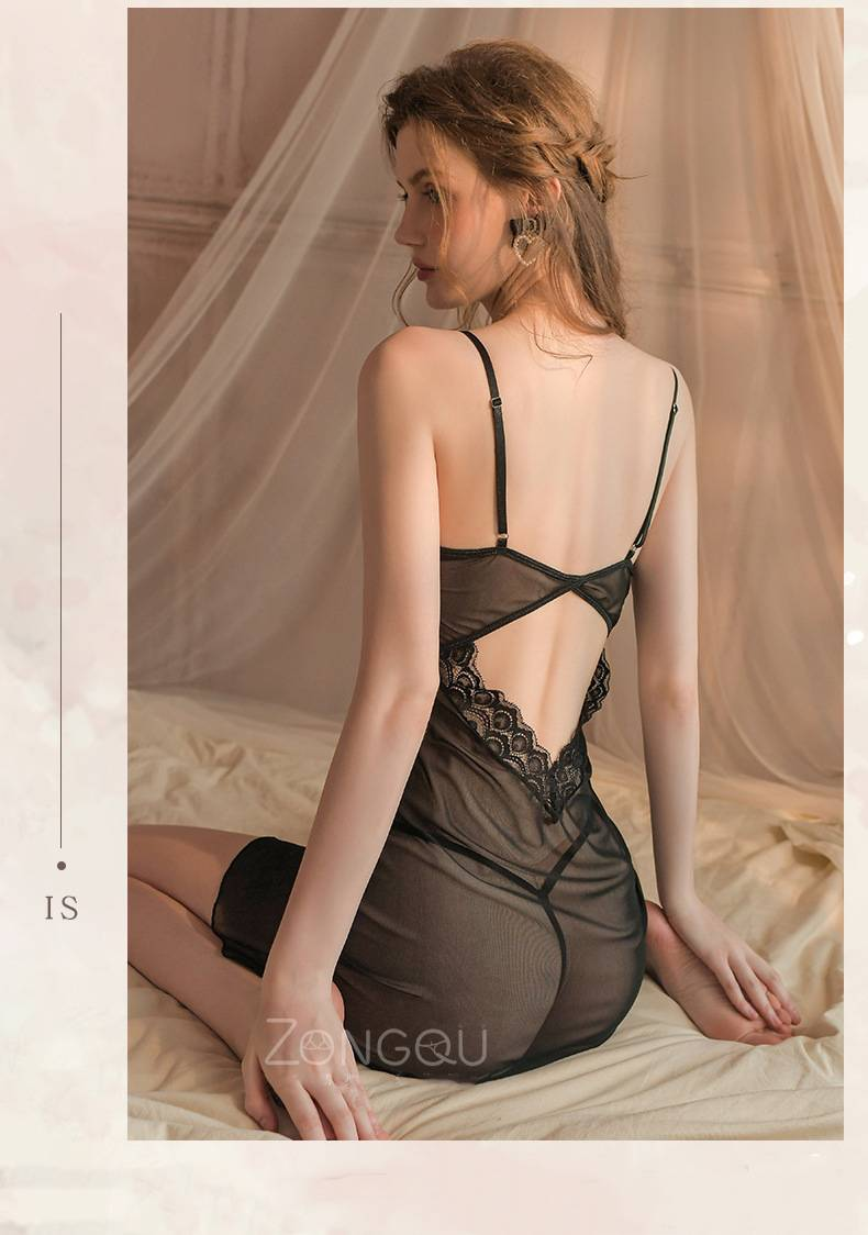 CRAZYLIFE Sexy Lace Nightdress Lingerie with Thong Lace Suspender Nightgown Sexy Bodydoll Nightgown, Sexy Sheer Mesh Nightdress BIT_voghion.com