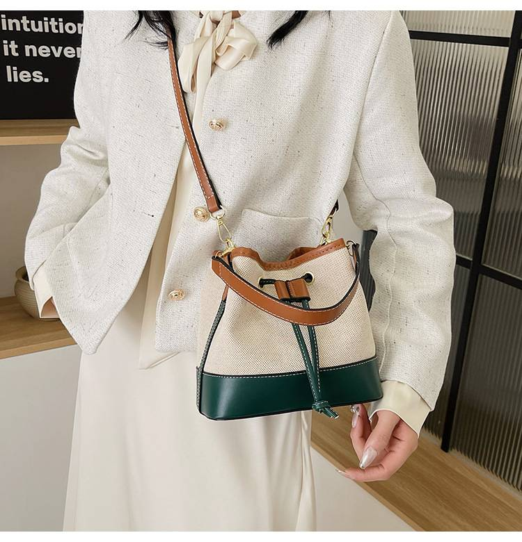 Borsa da donna 2025, nuova borsa a secchiello in tela a contrasto, borsa a tracolla con coulisse e texture alla moda._voghion.com