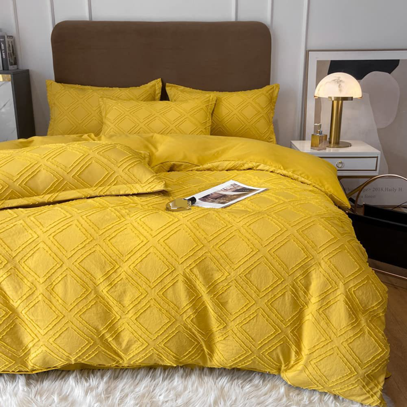 Set copripiumino moderno geometrico - Set di biancheria da letto 3 pezzi con federe, in poliestere spazzolato, morbido e traspirante, design scandinavo giallo/rosa._voghion.com