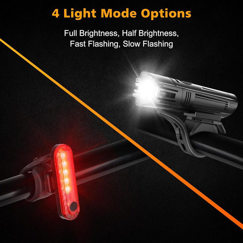 Set di luci per bicicletta ricaricabili tramite USB ultra luminose, potente fanale anteriore e posteriore, 4 modalità di illuminazione, facile da installare, nero_voghion.com