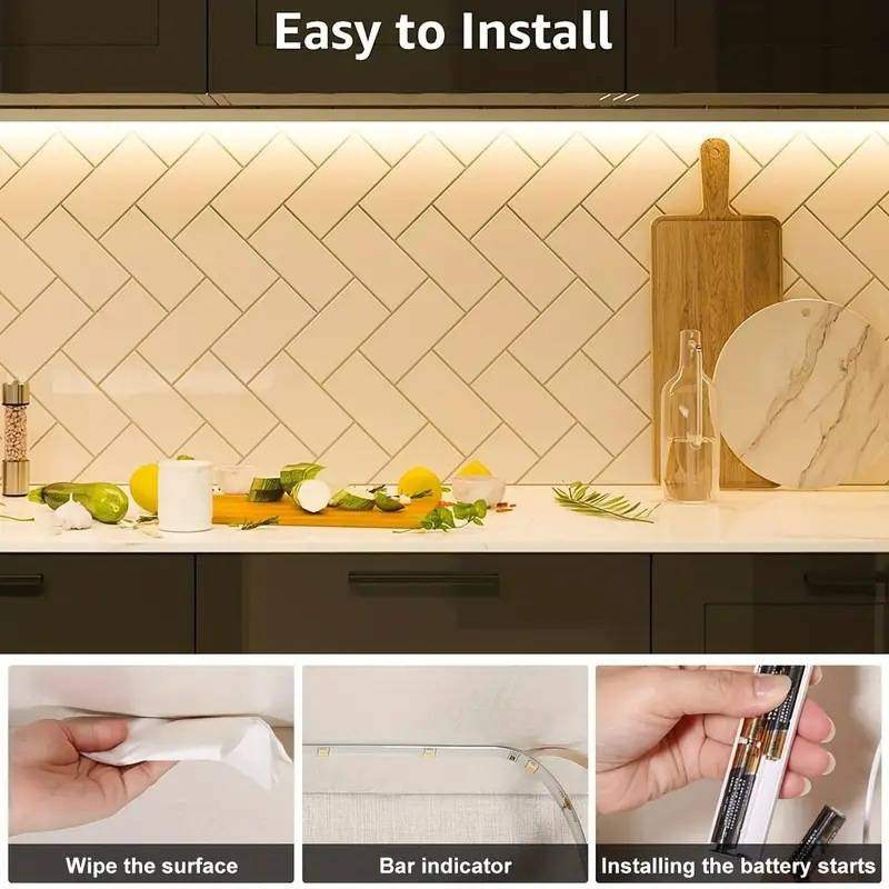 Smart Motion Sensor LED Cabinet Light Strip - 5V Battery-Powered, No Wiring Needed, Warm White, Ideal For Wardrobe & Kitchen_voghion.com