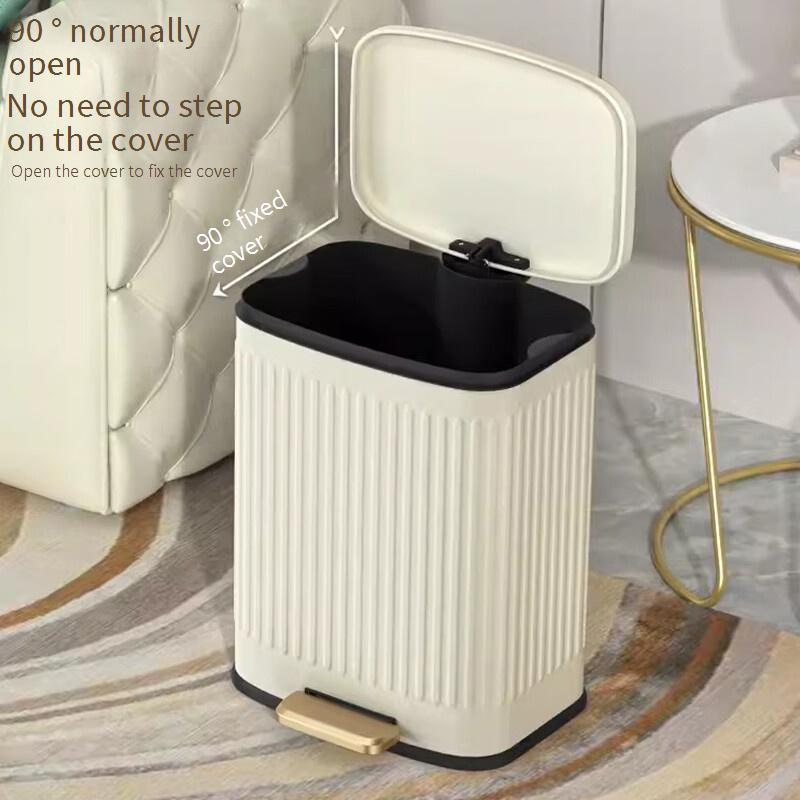 Stainless Steel Step Trash Can With Soft-Close Lid, 6L Capacity, Striped Design, Modern & Sleek For Home/Office - Cream White, Matte Black_voghion.com