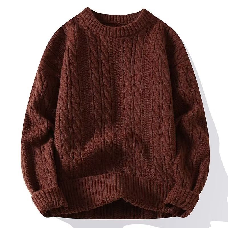 Pull en maille torsadée pour homme - Coupe oversize, 100 % polyester, col rond (blanc/noir/gris/marron)_voghion.com