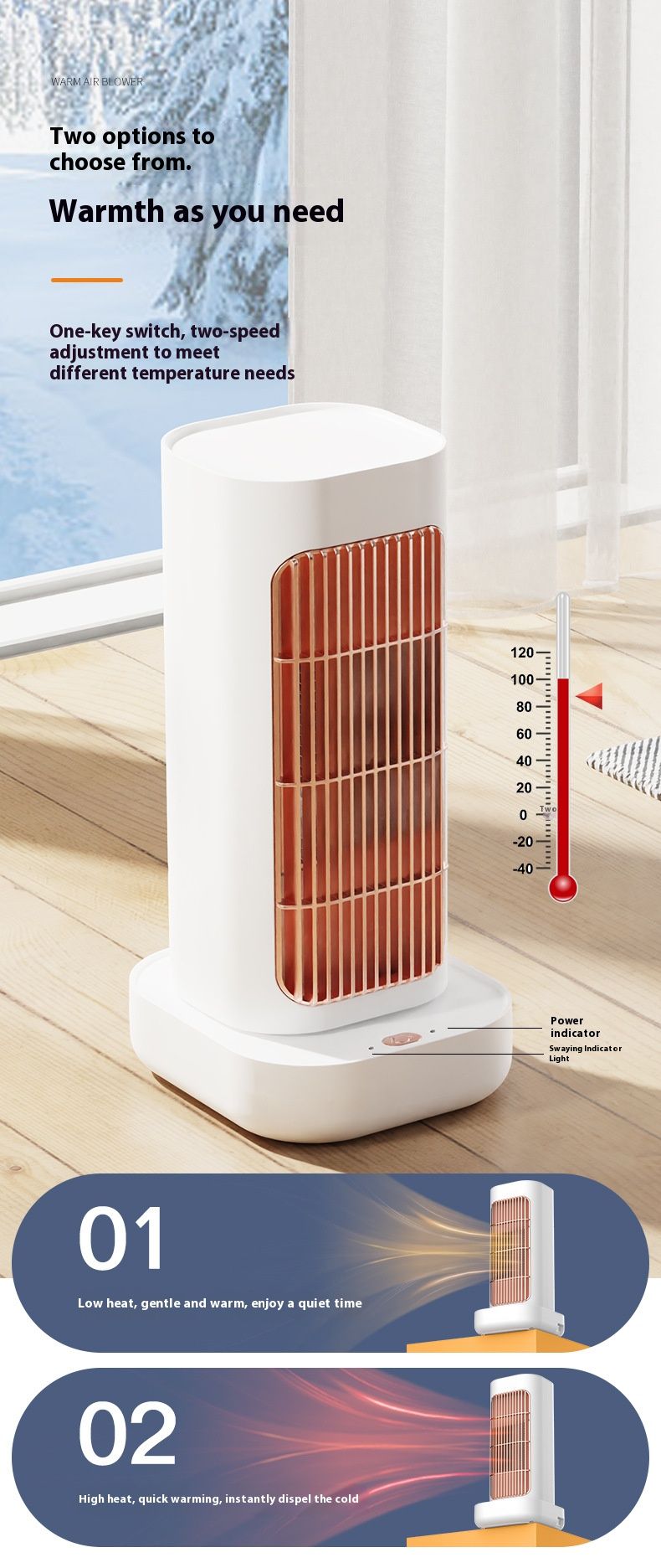 1300W PTC Ceramic Space Heater With 60° Oscillation - Compact Tower Design, Overheat & Tip-Over Protection, EU/US/UK Plug Options_voghion.com