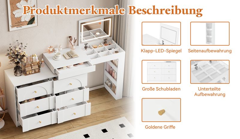 Drehbarer Schminktisch mit LED-Beleuchtung,Frisiertisch,Bürotisch,weiß,105×40×80cm_voghion.com