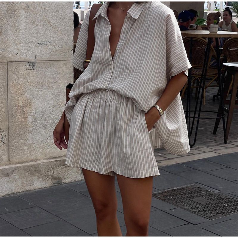 Ensemble 2 pièces à rayures et revers pour femme, haut taille haute plissé à manches longues et simple boutonnage, tenue d'été décontractée_voghion.com