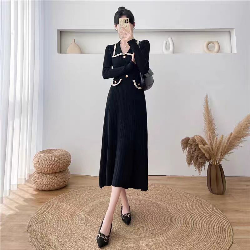 Abito in maglia snellente con colletto rovesciato, stile Little New Style, per donna, nuovo design autunnale e invernale, base a vita alta_voghion.com