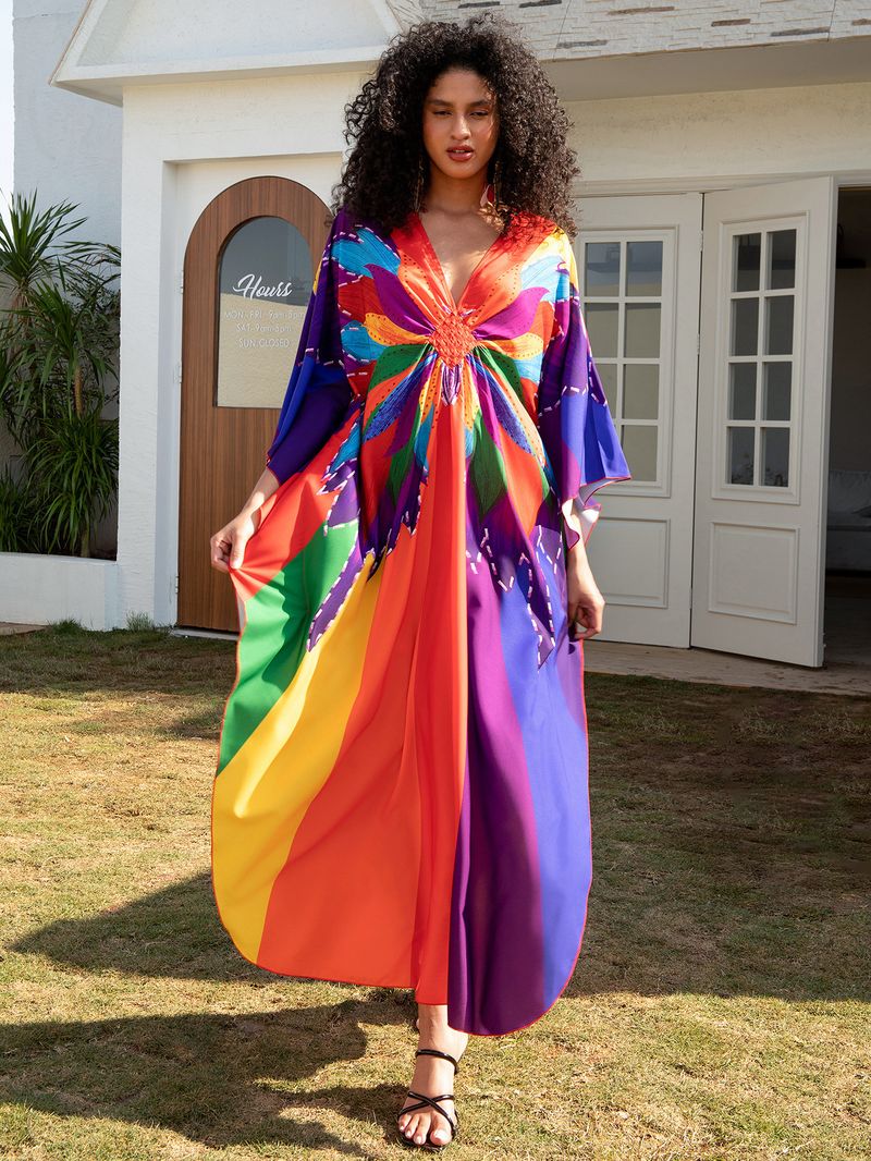 Beach Cover-Up Dress – Flowy Long Bikini Robe With Exotic Prints (Peacock/Abstract/Feather, One Size)_voghion.com