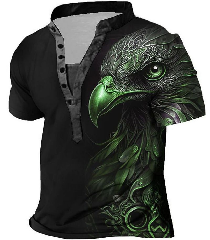 2025d 2025 Summer New Men's Digital Print Turtle Map Youth 6-Button Henley Short Sleeve Shirt_voghion.com