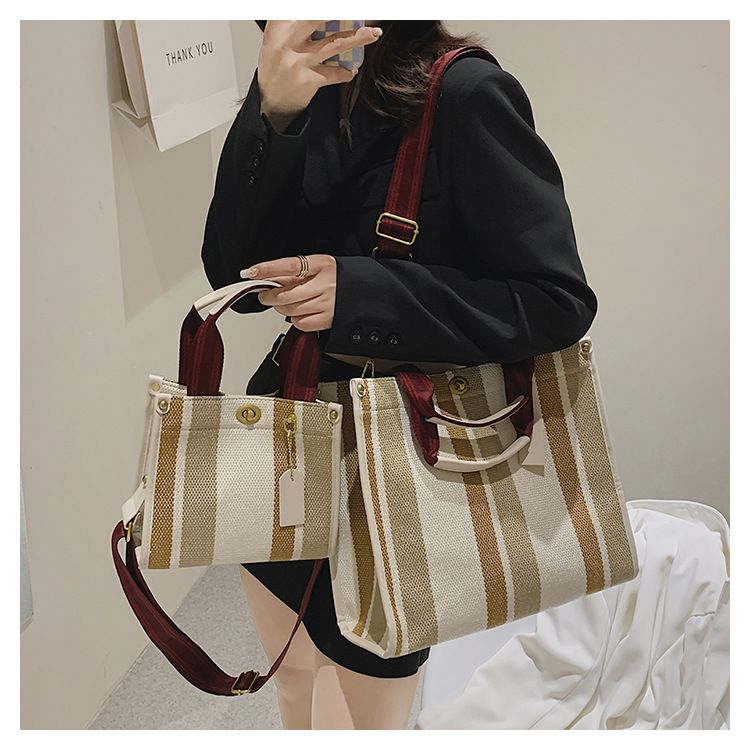 Borsa tote da donna, borsa tote a mano alla moda a righe da donna, borsa a tracolla monospalla in tela color-block di grande capacità_voghion.com