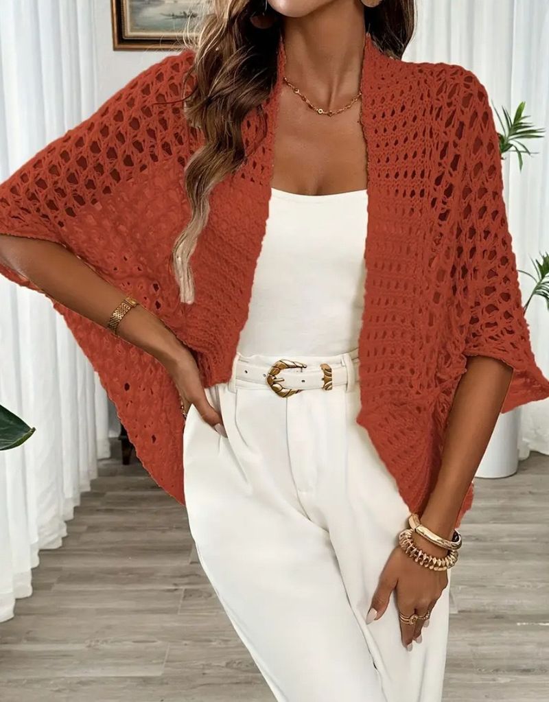 Maglione da spiaggia con lacci e maglia – Top da vacanza all'uncinetto con trafori (XS-XL, bianco/nero/albicocca/rosso)_voghion.com