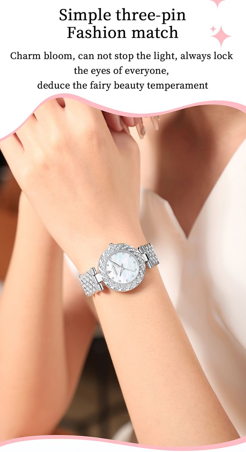 Women's Elegant Waterproof Quartz Watch With Mother-of-Pearl Dial And Diamond Accents, Minimalist Round Wristwatch For Daily Wear_voghion.com