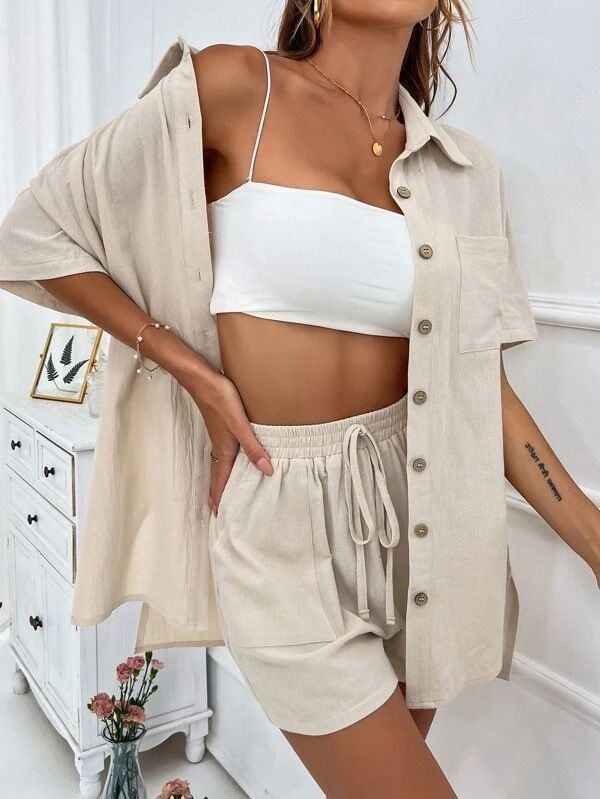 Vêtements pour femmes, short tendance, deux pièces, couleur unie, chemise, costume décontracté, ample, manches courtes, simple boutonnage_voghion.com