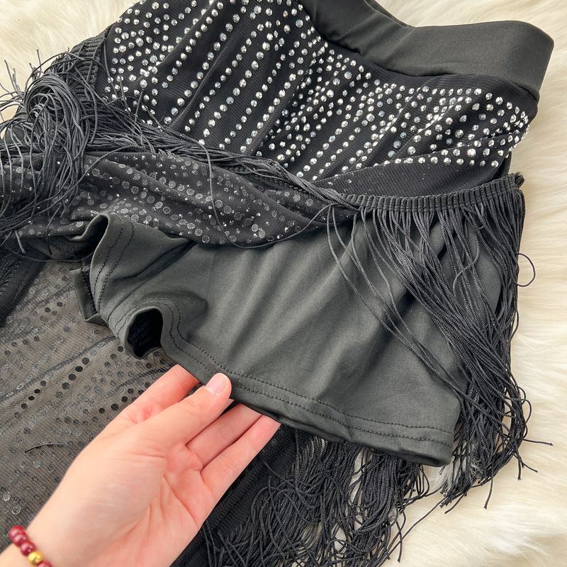 Costum de damă cu temperament de vedetă, la modă, cu mânecă lungă, de nișă, sexy, cu diamant, slim fit, cu fustă versatilă și ciucuri, costum din două piese_voghion.com