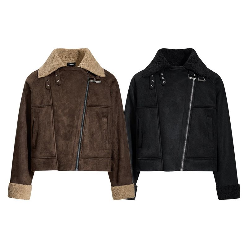 Męska asymetryczna kurtka typu bomber z owczej skóry z zamkiem błyskawicznym – oversize'owa kurtka typu streetwear z kołnierzem ze sztucznej owczej skóry (czarno-brązowa, rozmiary M-XXL) | Unisex Urban Edge_voghion.com