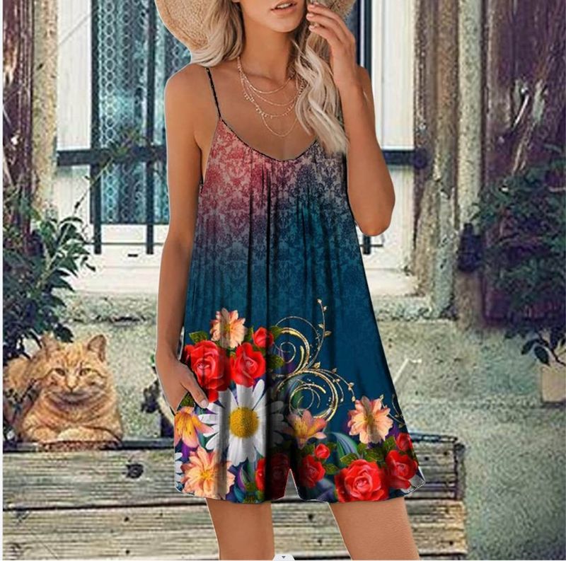 Stylowy damski kombinezon z krótkim rękawem – letni kombinezon bez rękawów z kwiatowym nadrukiem i kieszeniami bocznymi, luźny krój, wygodna, elastyczna tkanina (S-5XL)_voghion.com