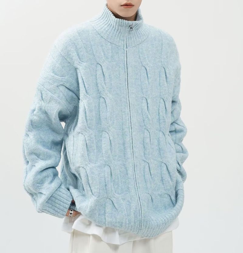 Maglione semi-dolcevita da uomo - Cardigan oversize in maglia a trecce con tessuto elasticizzato traspirante, abbigliamento unisex per l'autunno (nero/kaki/blu)_voghion.com