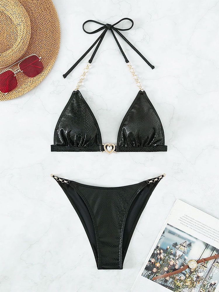 Sexigt bikiniset med snörning för kvinnor - Enfärgade bronsfärgade badkläder för strand och pool_voghion.com