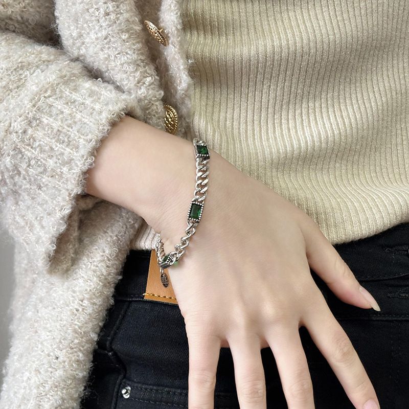 Sweet Cool S Pure Silver Korean INS Style Simple Vintage Personality Green Diamond Spacer Cuban Bracelet For Women_voghion.com