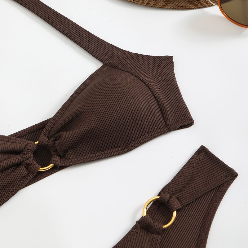 Einfarbiges Bikini-Set – Sexy gerippter Zweiteiler mit tiefem Rückenausschnitt für Damen_voghion.com