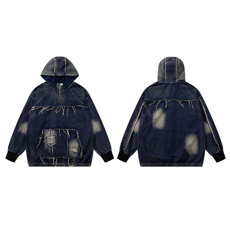 Men's Clothing New High Street Trendy Brand Denim Hoodie Wasteland Style Washed Splicing Hooded Sweatshirt_voghion.com