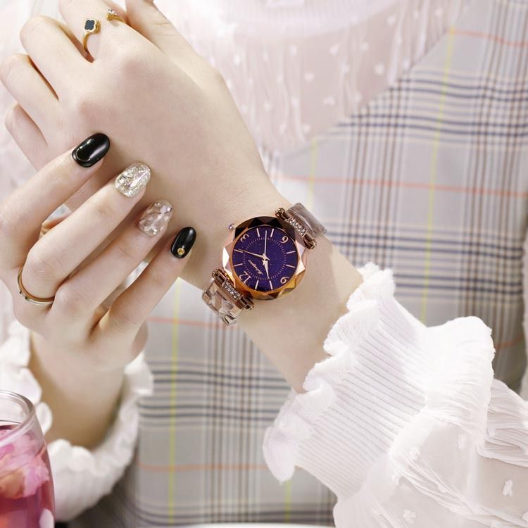 Orologio al quarzo impermeabile da donna con cinturino in acciaio con tre perline, cielo stellato, sabbia blu, orologio da donna al quarzo impermeabile per coppie di moda_voghion.com