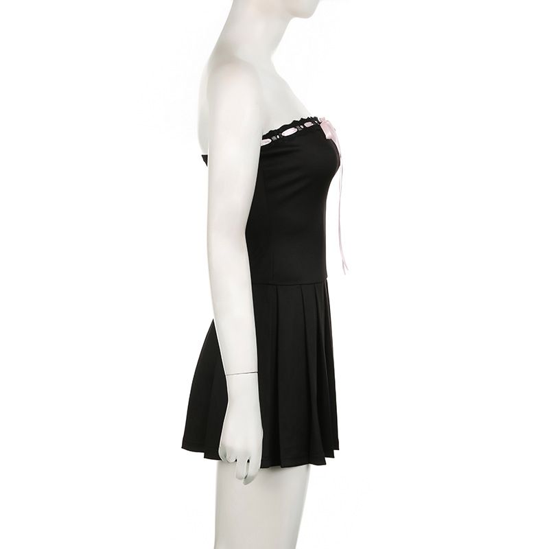 Abito attillato senza spalline in pizzo patchwork in stile corte francese, da donna, con spalline di colore contrastante per snellire e plissettato_voghion.com