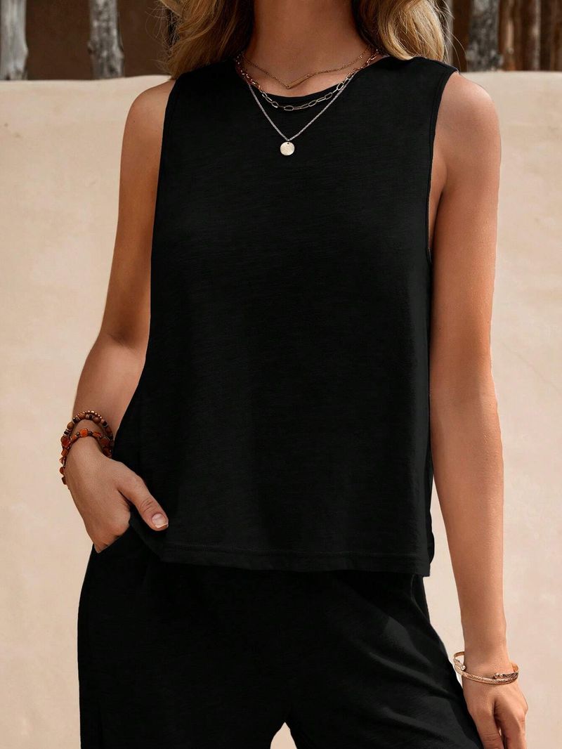 Set estivo in due pezzi in cotone e lino per donna, pullover ampio con scollo a V, completo casual per donna, elegante set moda nero per le vacanze_voghion.com
