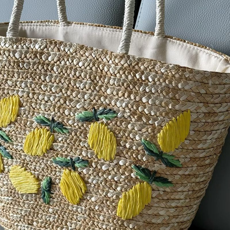 Borsa a tracolla casual in paglia di grano ricamata, intrecciata, con motivo limone e mango, grande capacità, cestino portaoggetti_voghion.com