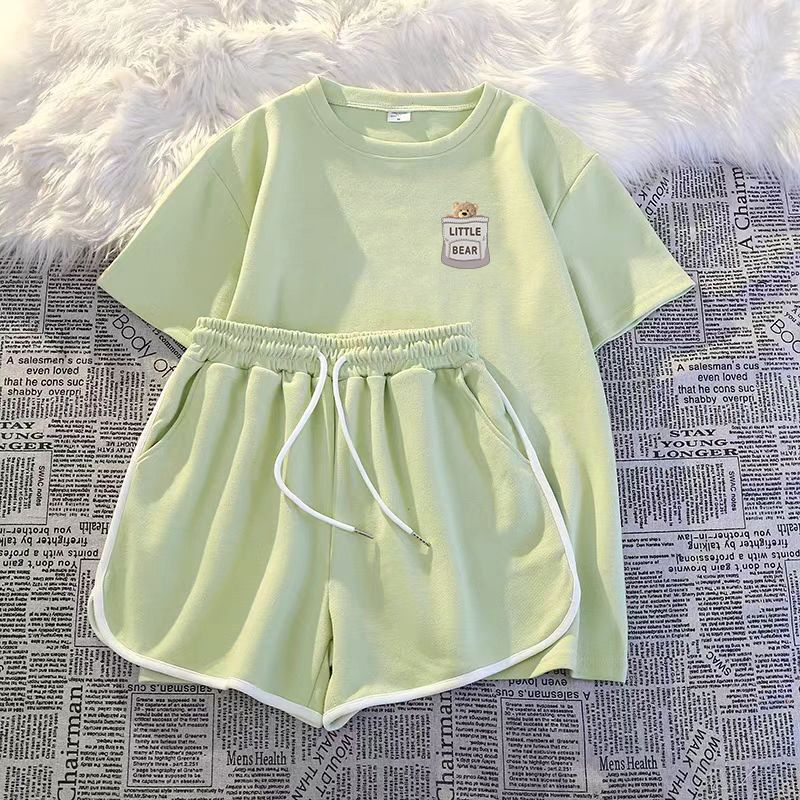 Ensemble 2 pièces en soie de lait de style coréen pour femme : haut à manches courtes avec cordon de serrage et short ample (décontracté, été, sport)_voghion.com