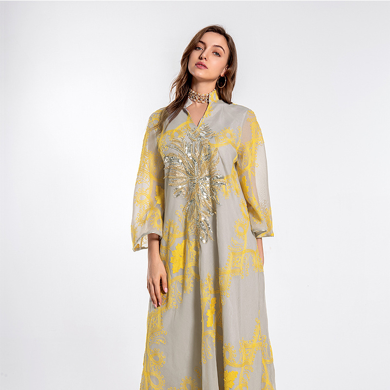 Női ruha, abaya, muszlim etnikai stílusú, gyöngyös, virágos, nagy szoknyájú estélyi ruha_voghion.com