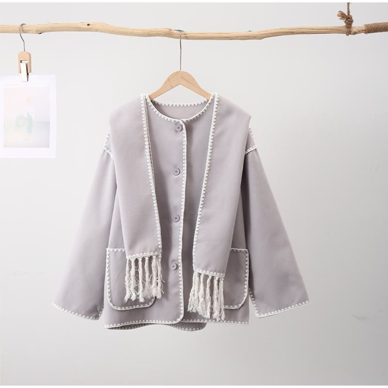 Women's Clothing autumn and winter new fashion women's woolen coat thickened loose jacket with scarf tassels for women_voghion.com